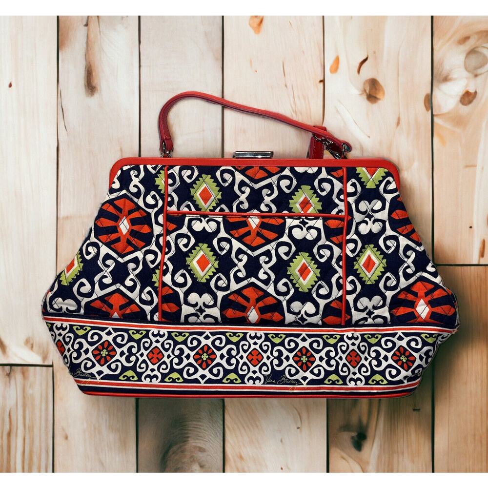 Vera Bradley Medium Handbag Purse Black Orange Green‎ White Pattern Snap Closure